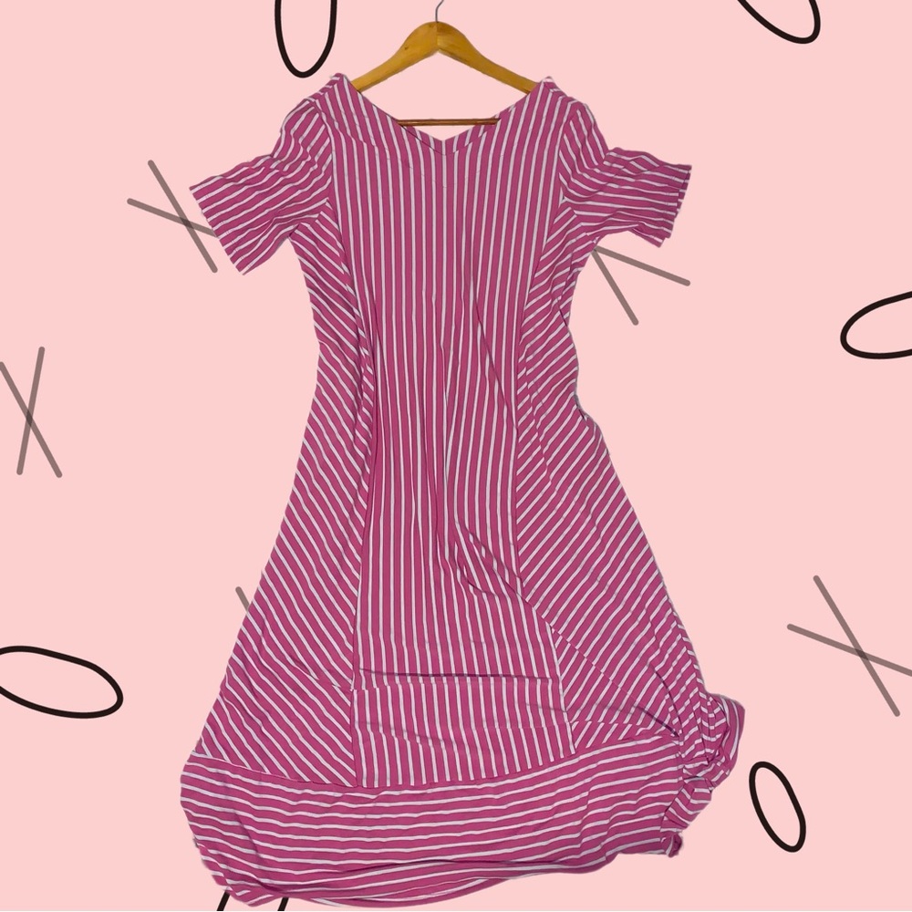 Stretchy casual summer dress, pink with white stripes size L